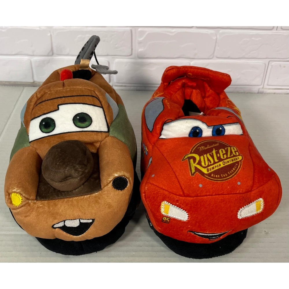 Disney Pixar Cars Slippers Kids Size 11/12 Red Brown McQueen Mater Plush Shoes